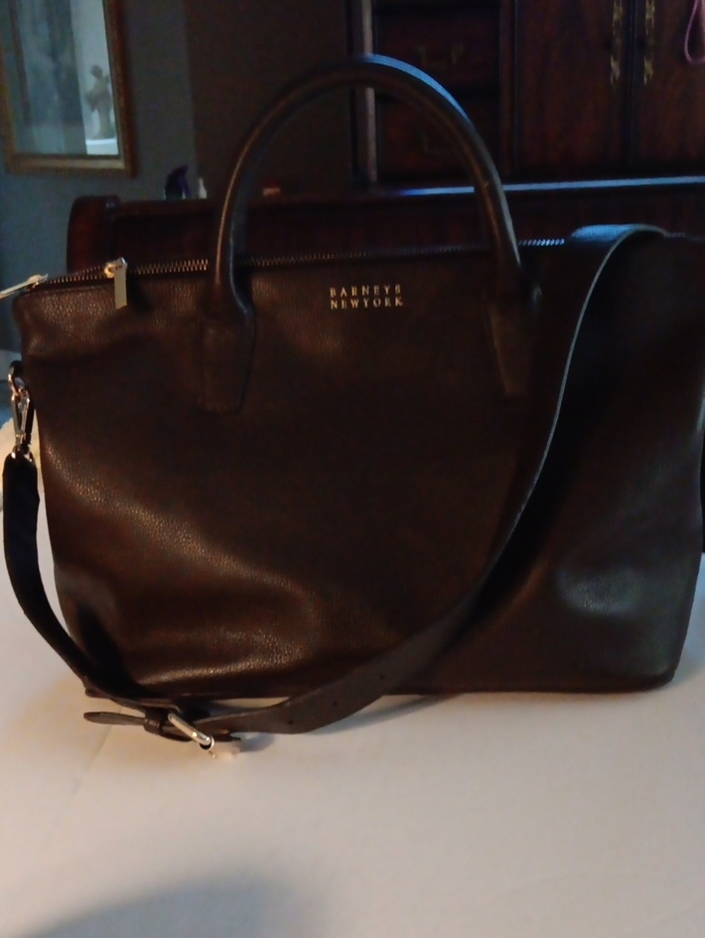 Barneys New York Dark Brown Leather Satchel Tote with Shoulder Strap W Gold Trim